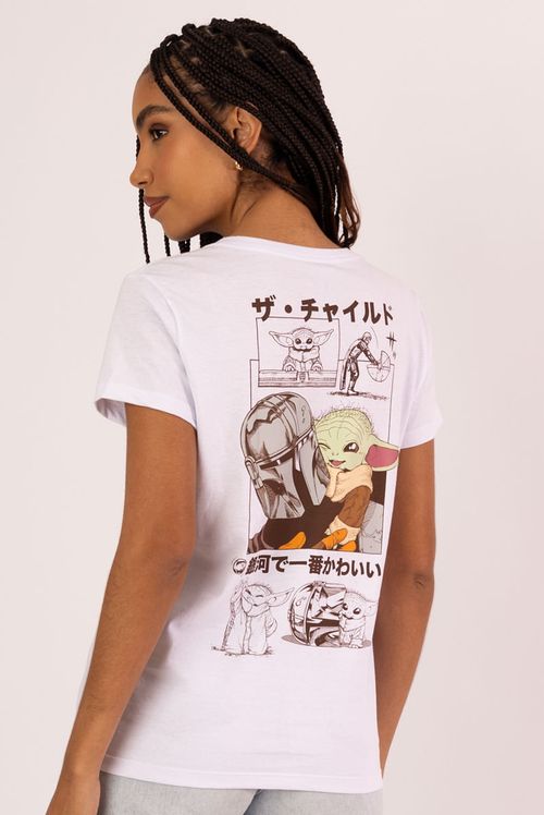 Camiseta Feminina Star Wars Baby Yoda e Din Djarin White