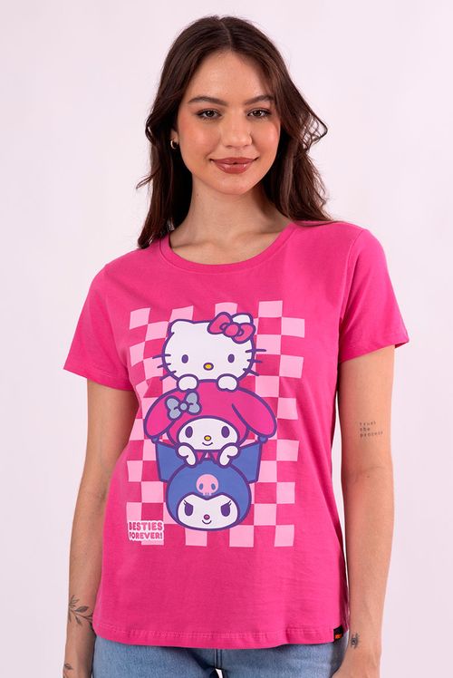 Camiseta Feminina Hello Kitty, Kuromi e My Melody