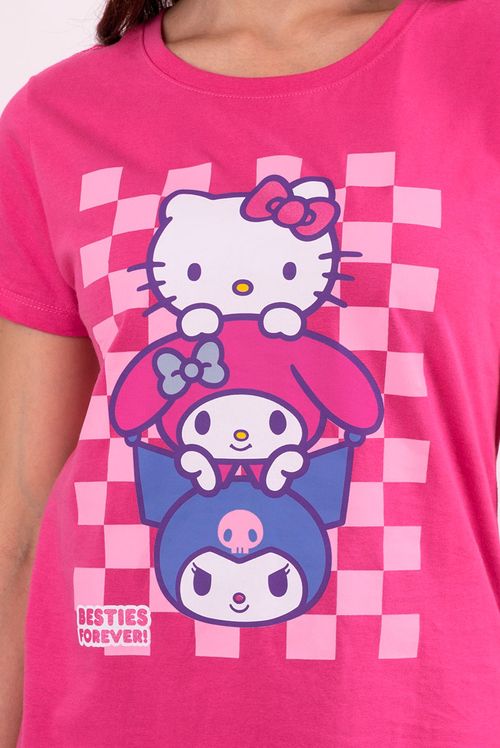 Camiseta Feminina Hello Kitty, Kuromi e My Melody